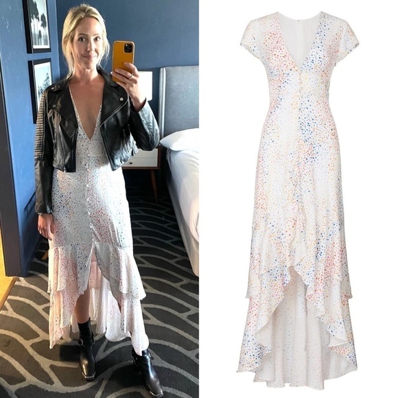 HUTCH Rainbow Hearts Satin V-Neck Button Up Tier Ruffle Short Sleeve Maxi Gown 2 - Picture 5 of 8